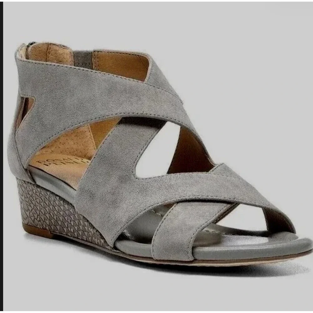 Donald Pliner Booties size 10 Vela Wedge Sandals Gray Suede Shoes